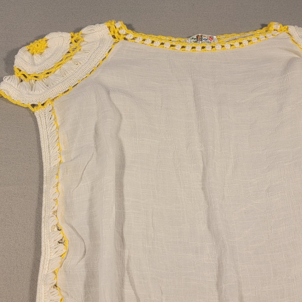 India Boutique Women's Cover Up Dress White Yellow Crochet‎ Trim Detail One Size
